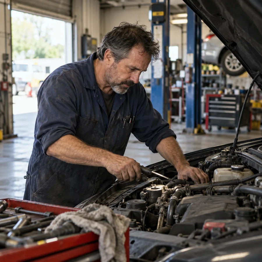 Mechanic working with tools beneath an open car bonnet