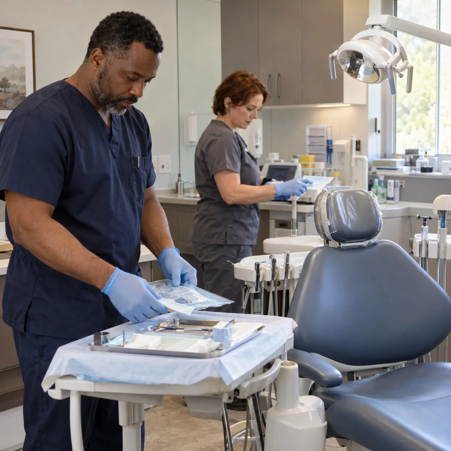Dental team preparing instruments beside an empty treatment chair