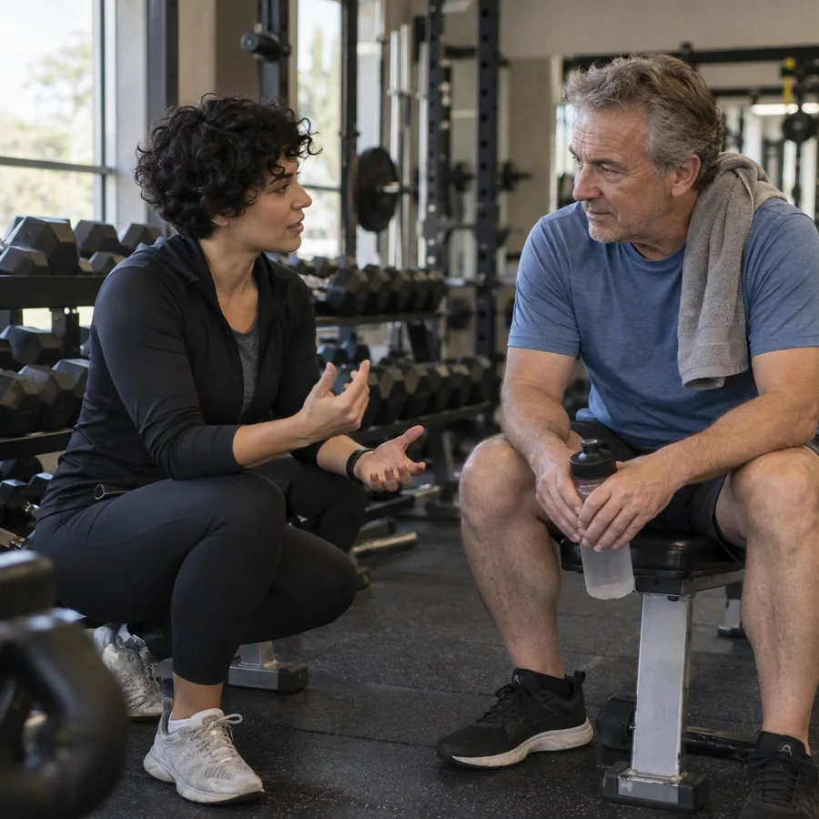 Trainer speaking with a gym member beside a dumbbell rack