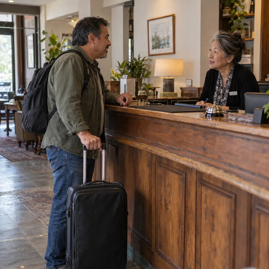 Hotel receptionist welcoming a guest with luggage at the front desk