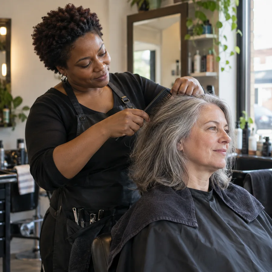 Hair stylist combing a client's hair in a neighborhood salon
