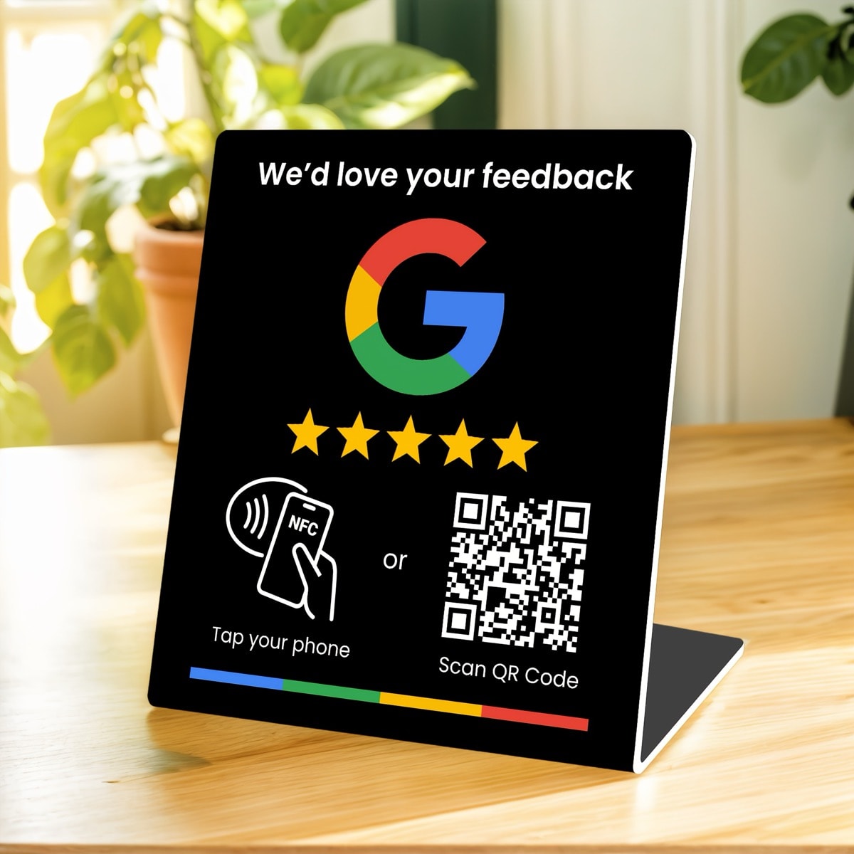 An NFC and QR review stand on a café counter, inviting customers to tap their phone or scan to leave a Google review