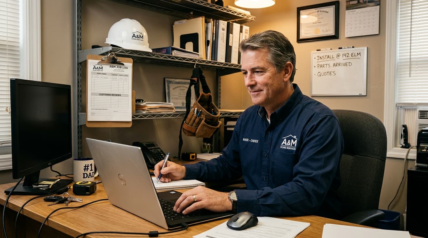 Home services business owner composing a professional response to a customer review on a laptop in a small office