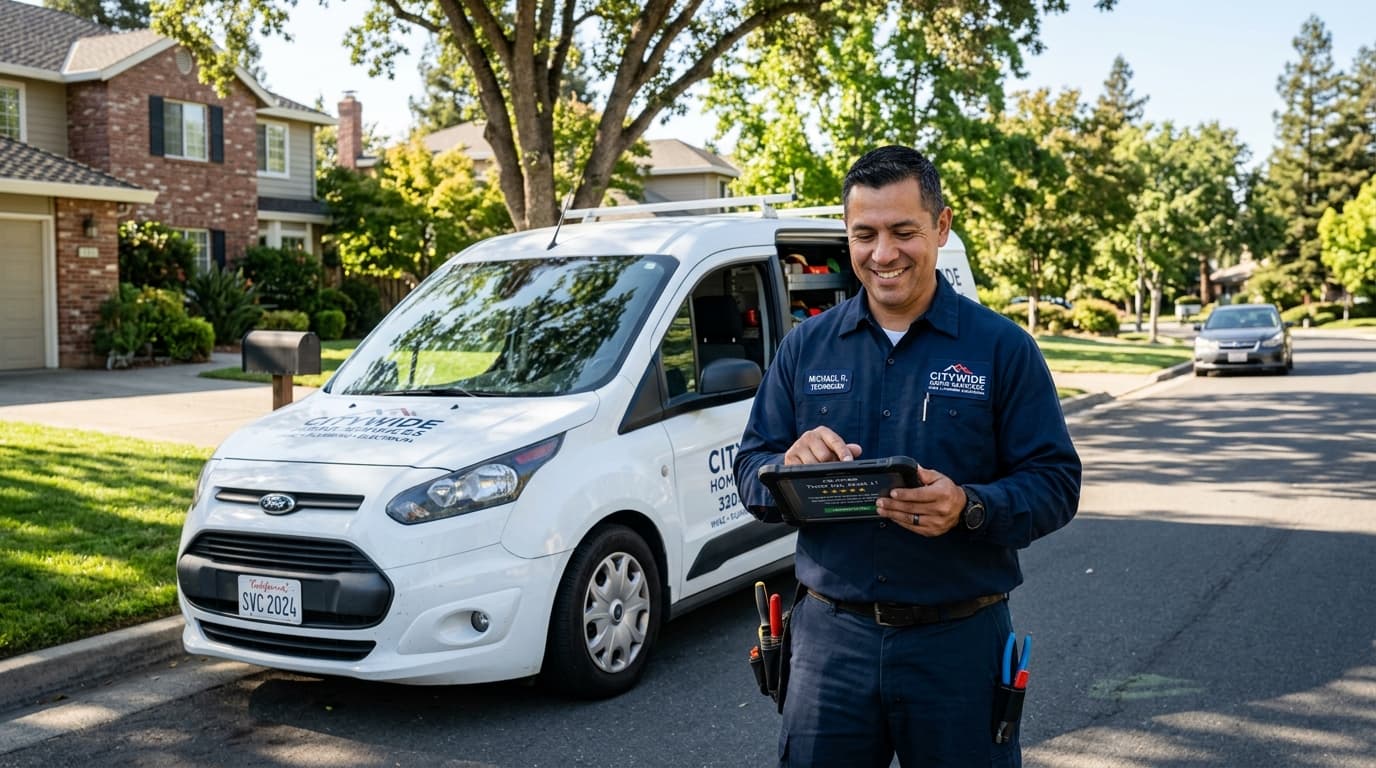 Uniformed contractor standing next to a service van reviewing completed job feedback on a tablet