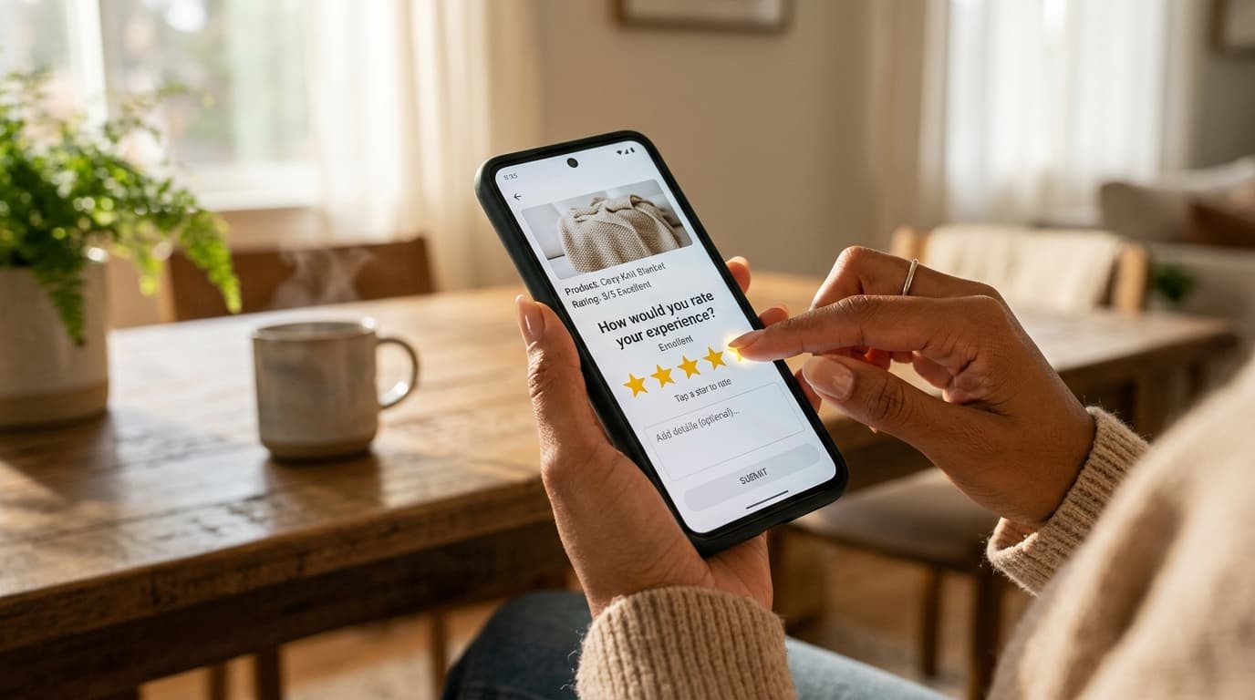 Customer submitting a five-star Google review on a smartphone at home