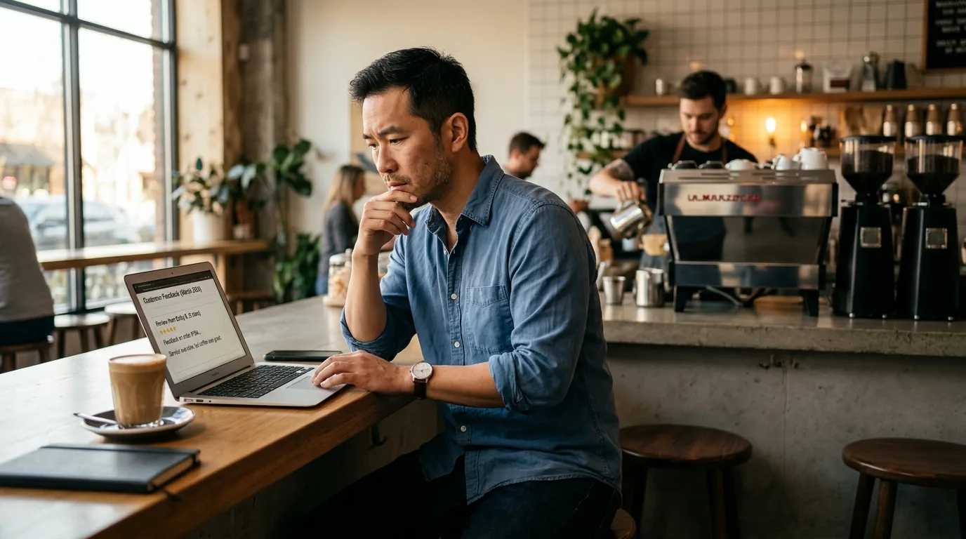 Small business owner reviewing customer feedback on a laptop at a cafe counter