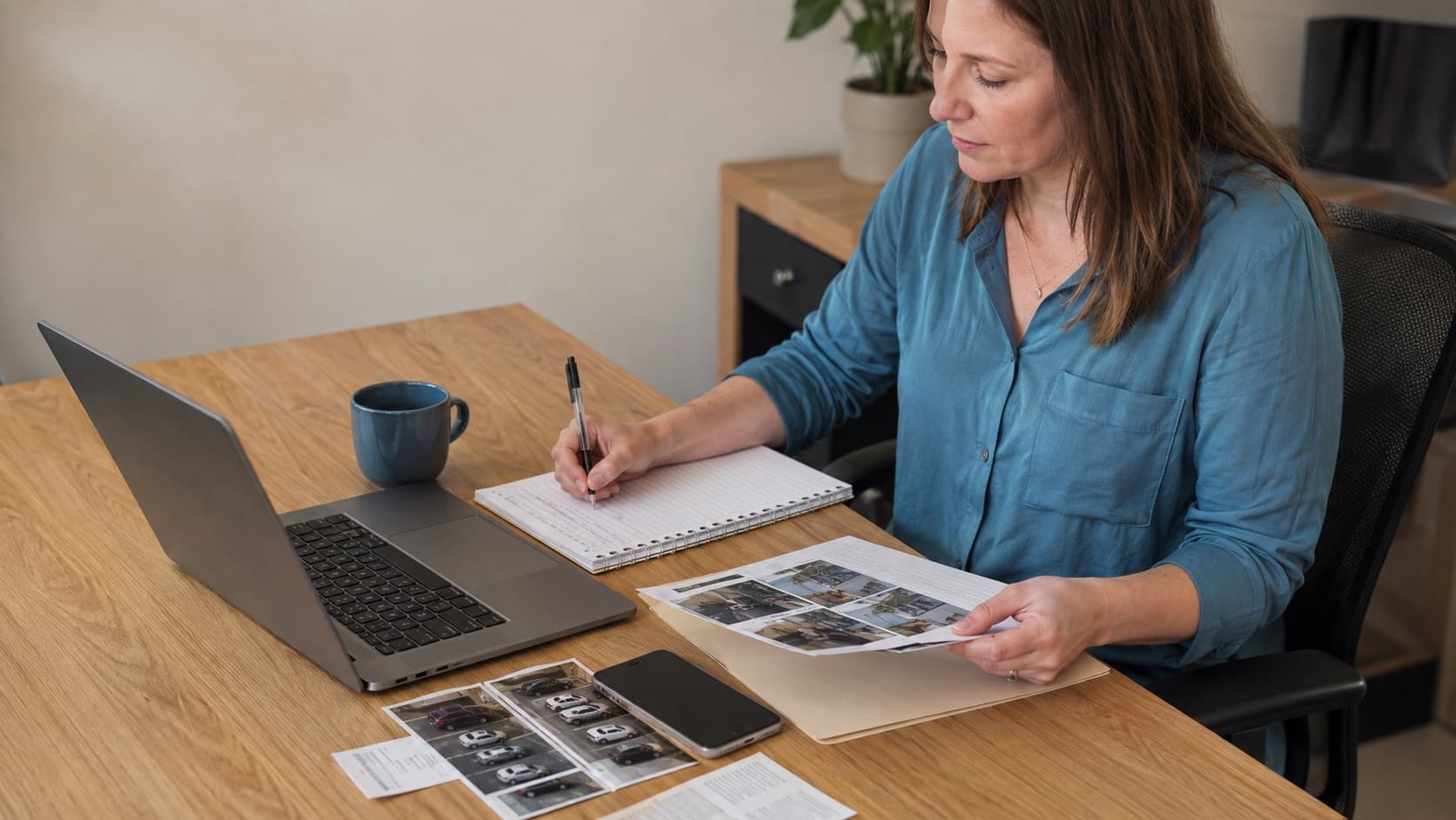 Business manager organizing receipts and notes to document a suspicious online review