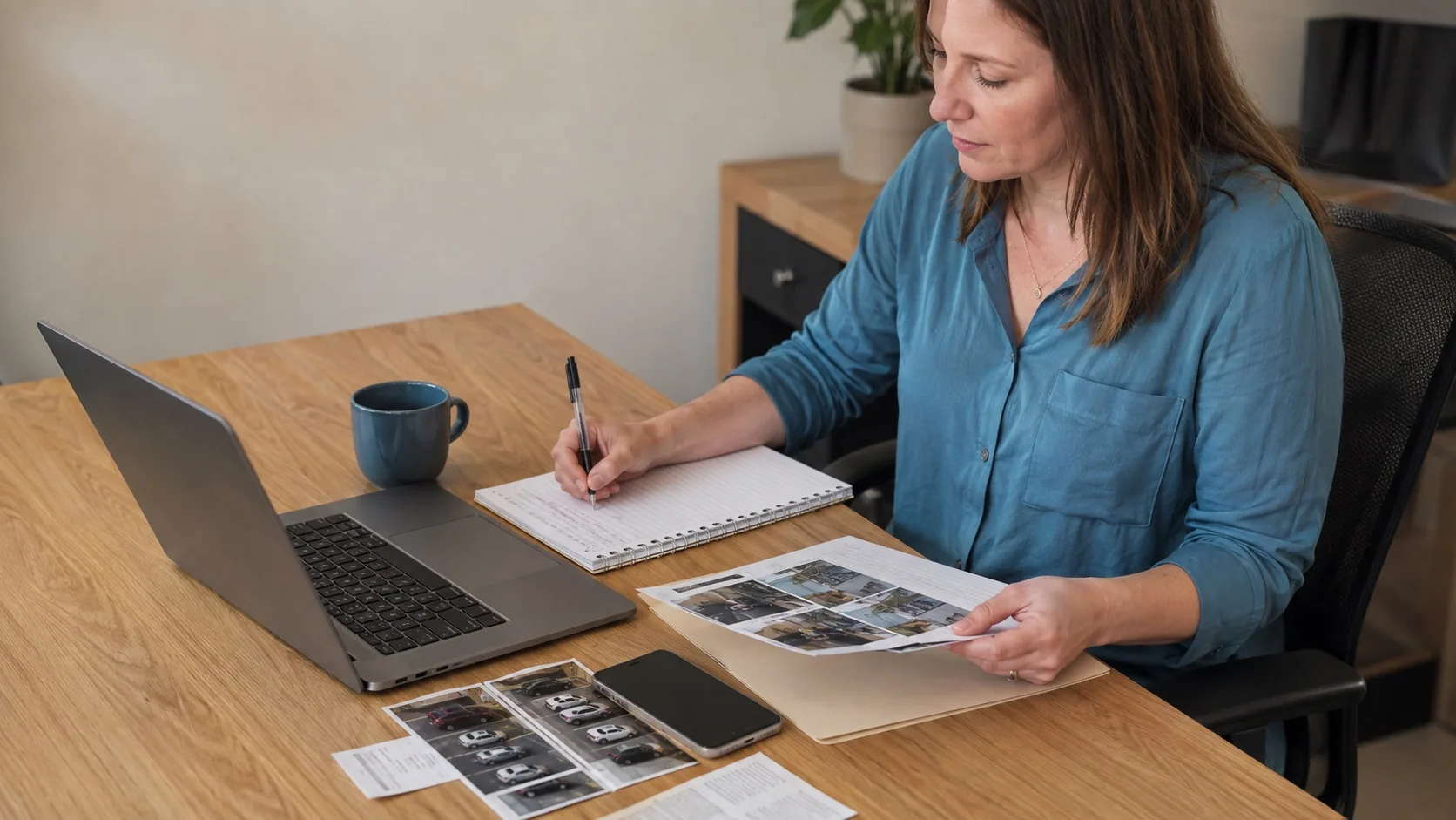 Business manager organizing receipts and notes to document a suspicious online review