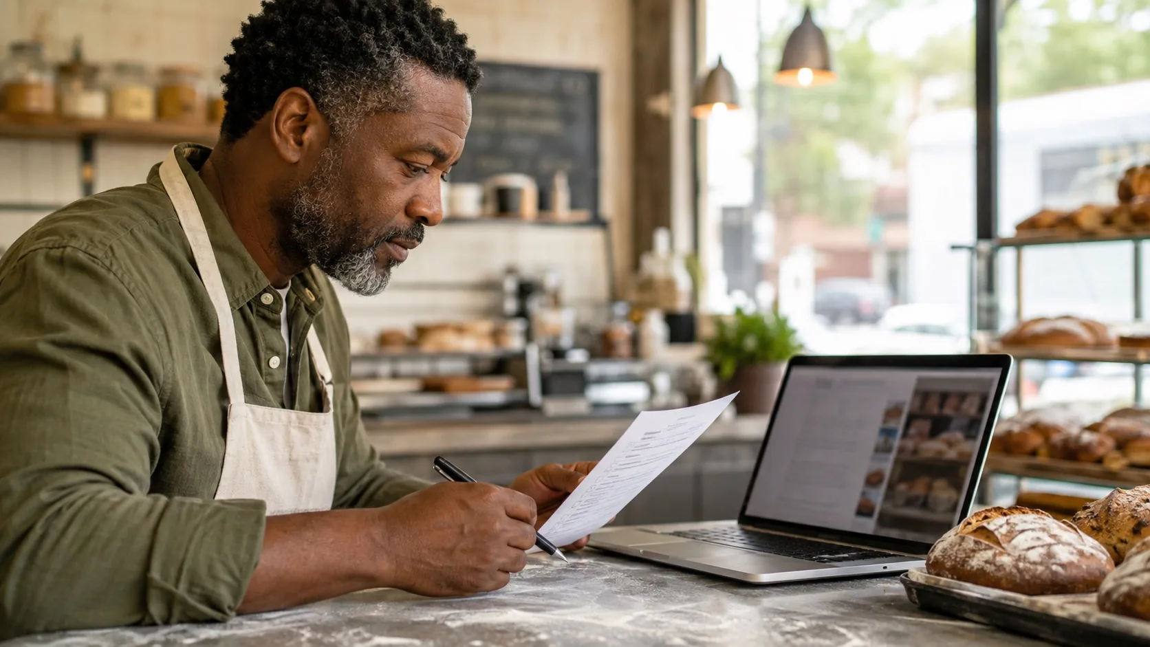 Bakery owner cross-checking Google Business Profile details against a printed checklist