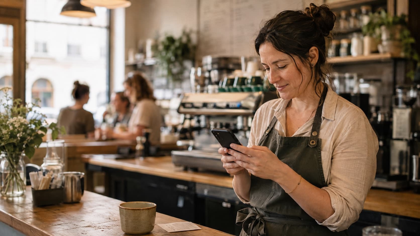 Local cafe owner sending a customer review request from a smartphone after a busy shift