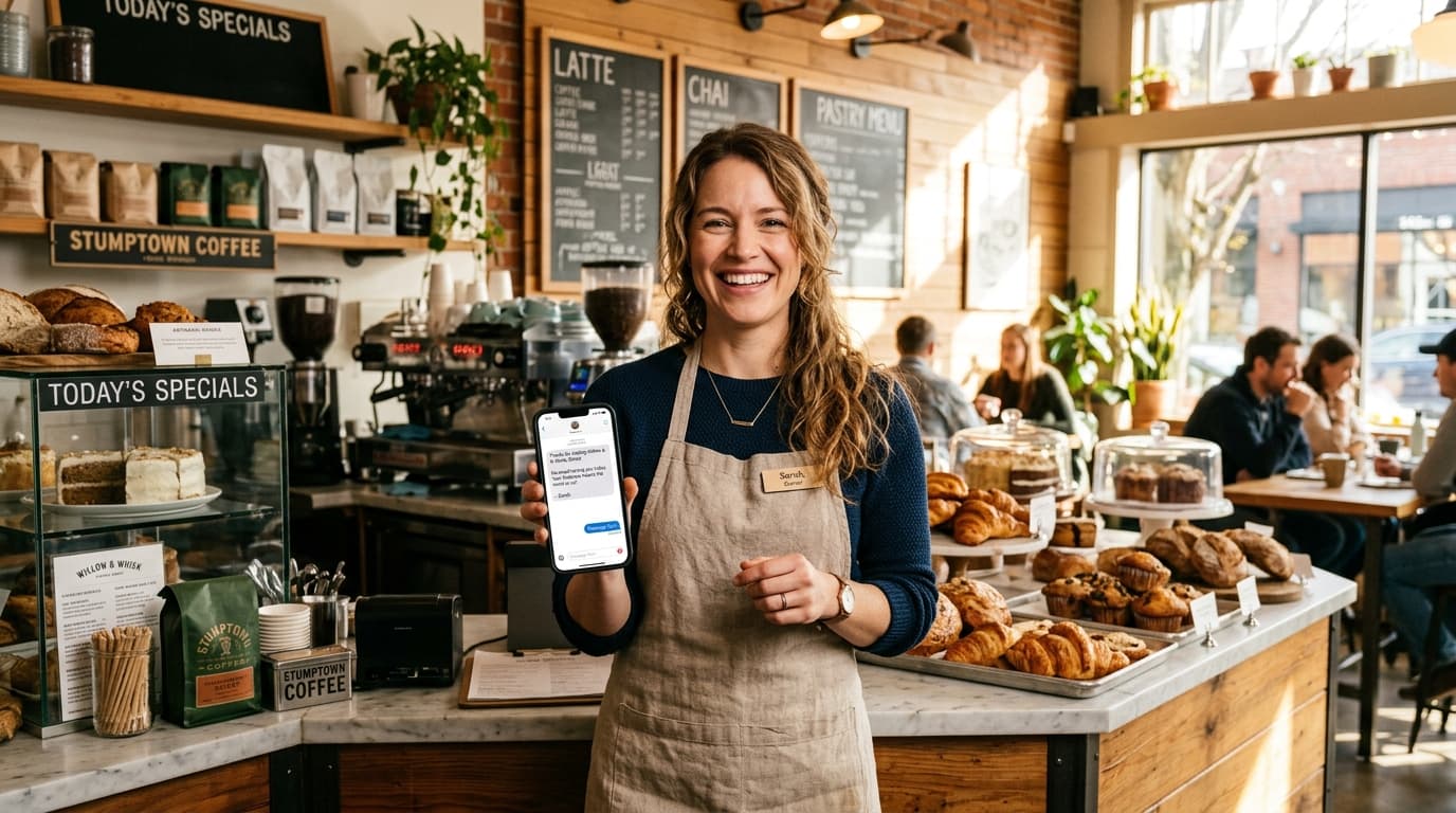 Local American small business owner smiling behind a cafe counter sending review request texts on a smartphone