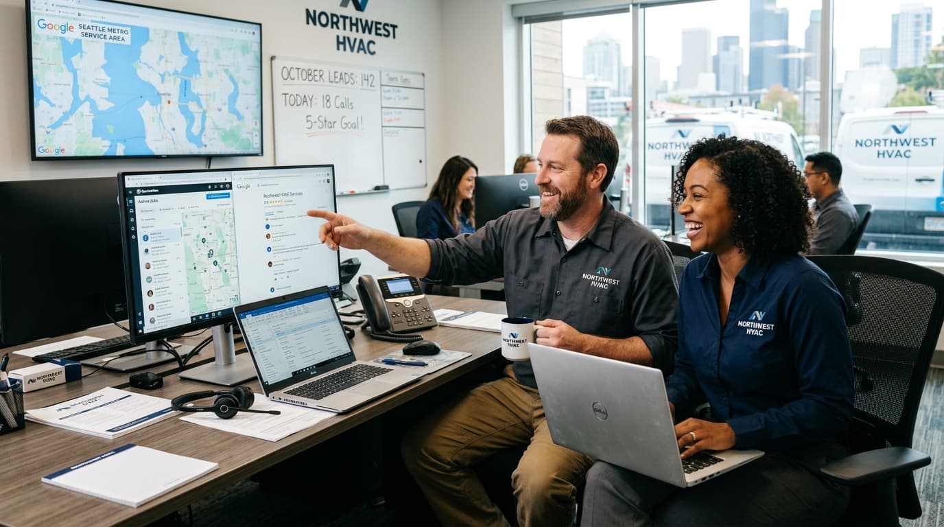 HVAC contractor business owner and dispatcher reviewing incoming customer calls and Google Maps reviews in an office