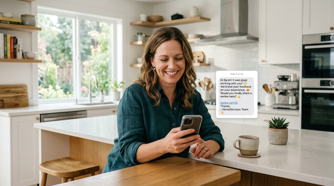 Homeowner receiving a friendly review request text message on a smartphone after an HVAC service appointment