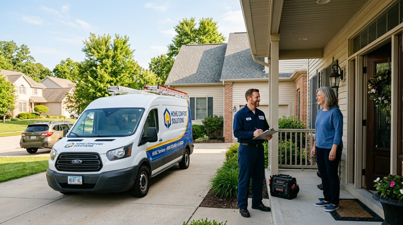 Uniformed HVAC technician greeting homeowner outside suburban house next to branded service van