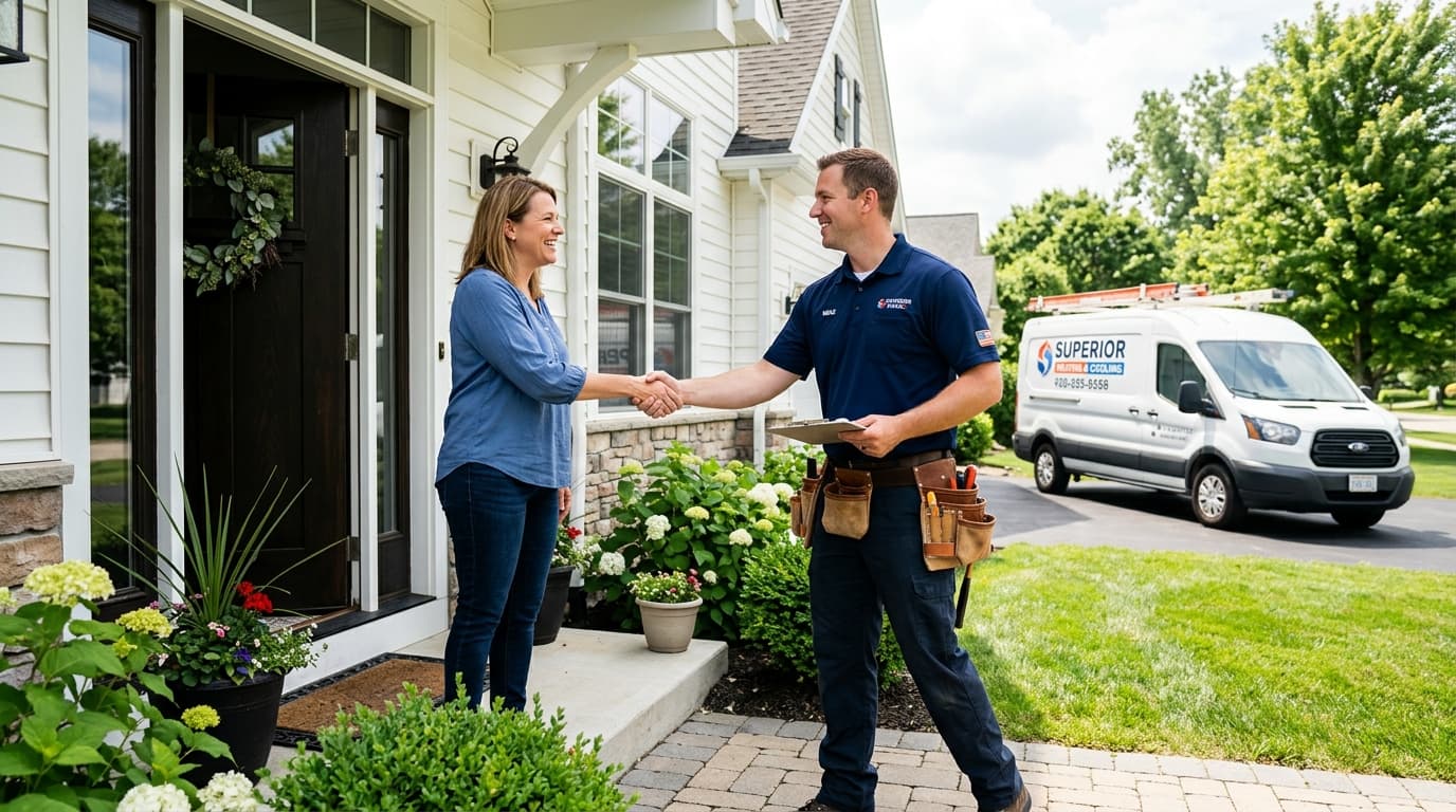 HVAC technician shaking hands with a satisfied homeowner at the front door after completing a service call