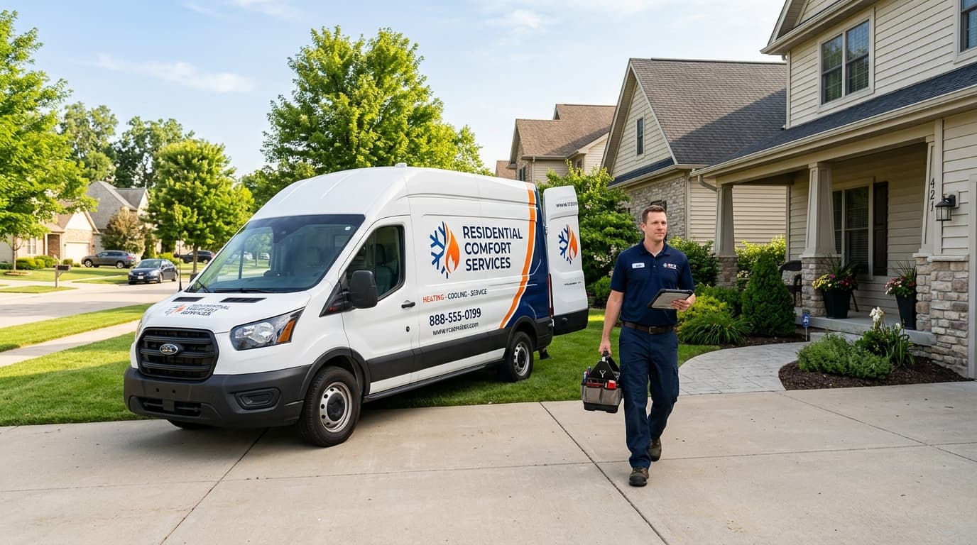 Branded HVAC service van parked in a residential driveway with a technician preparing for a service call
