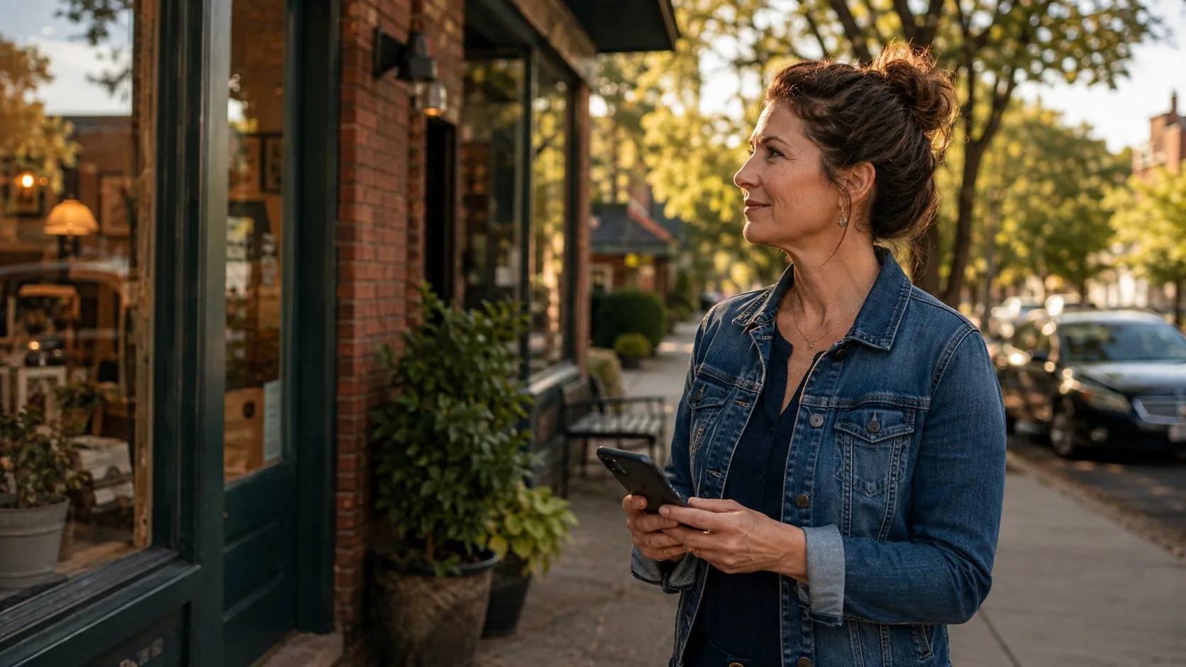 Local business owner checking map visibility on a smartphone outside a neighborhood storefront