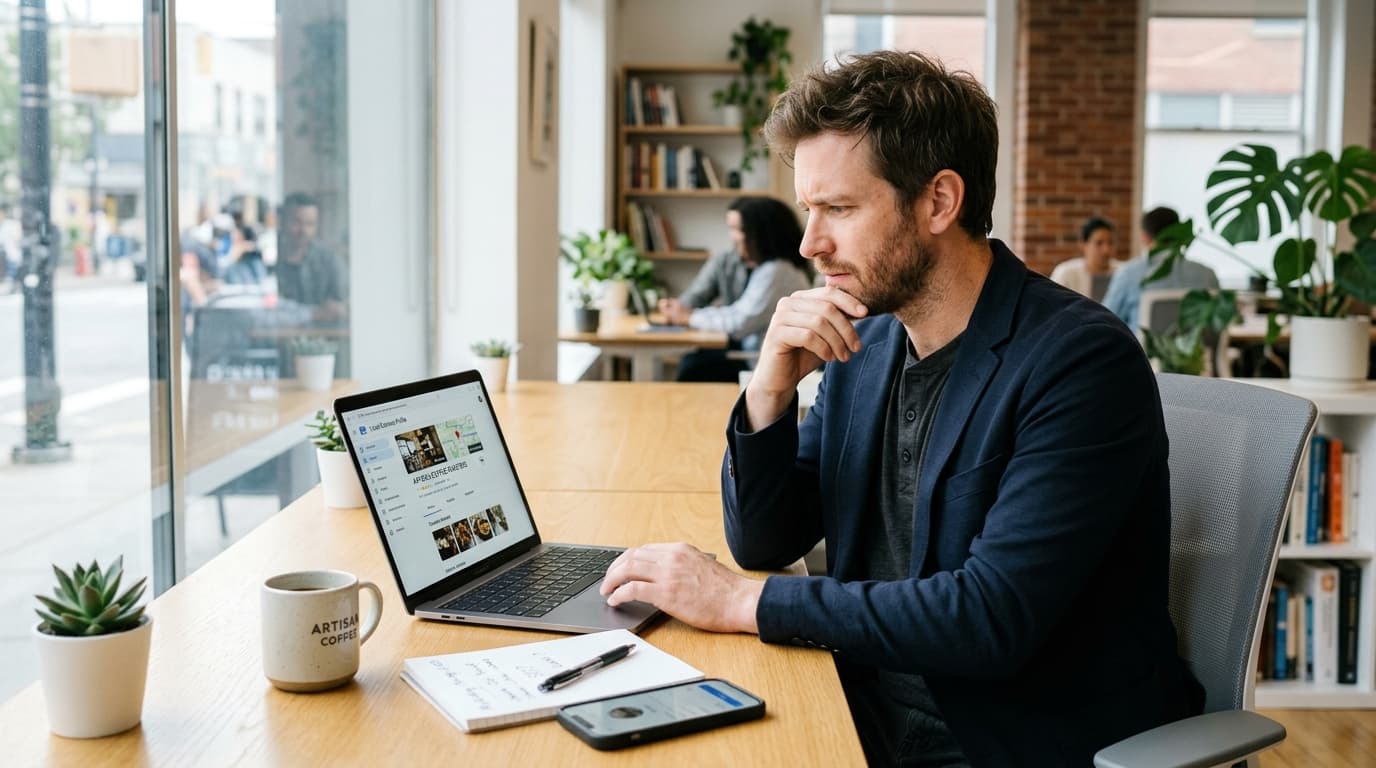 Small business owner puzzled looking at missing reviews on Google Business Profile on a laptop