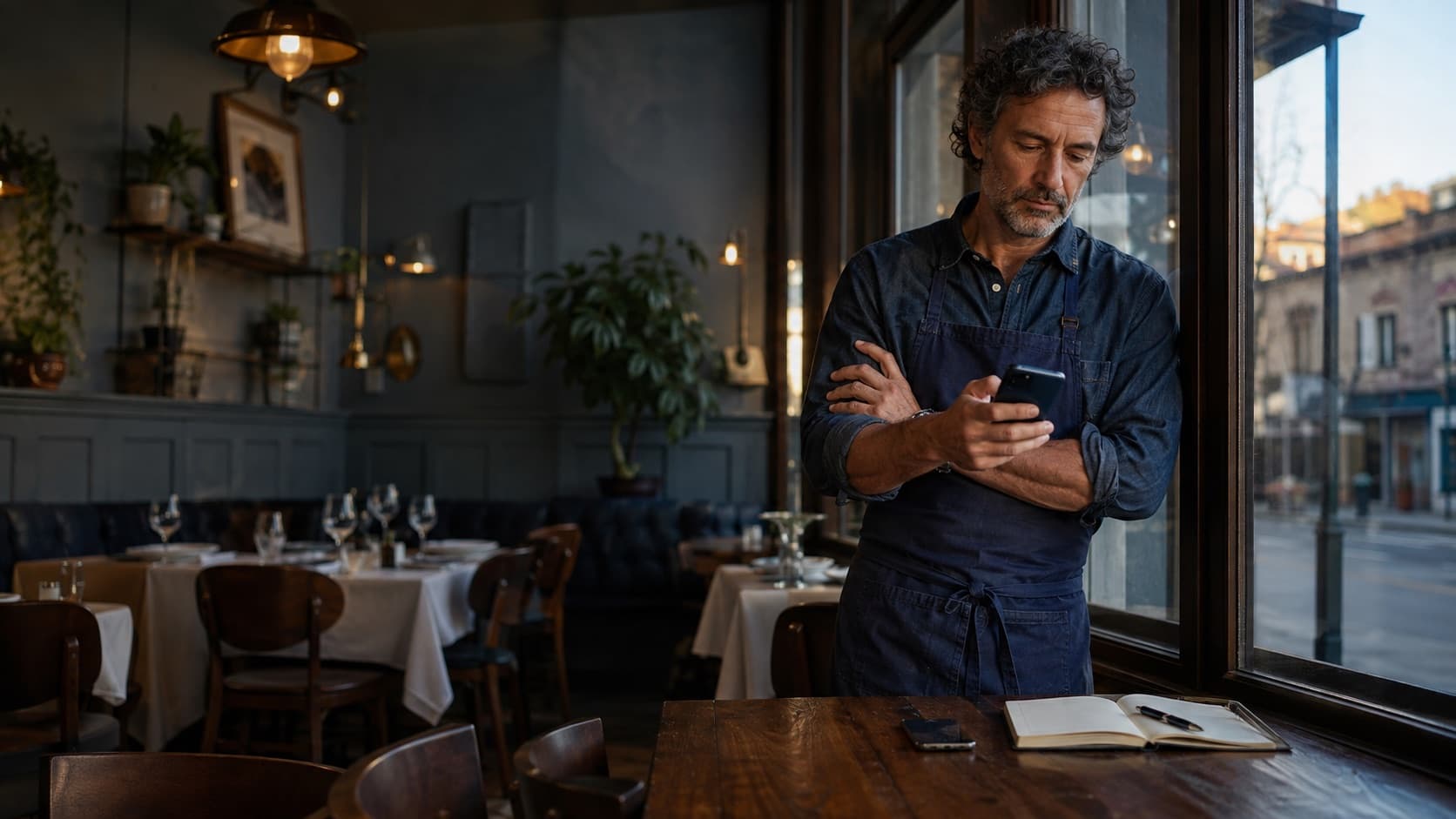 Local restaurant owner reflecting on customer feedback in a quiet dining room before opening