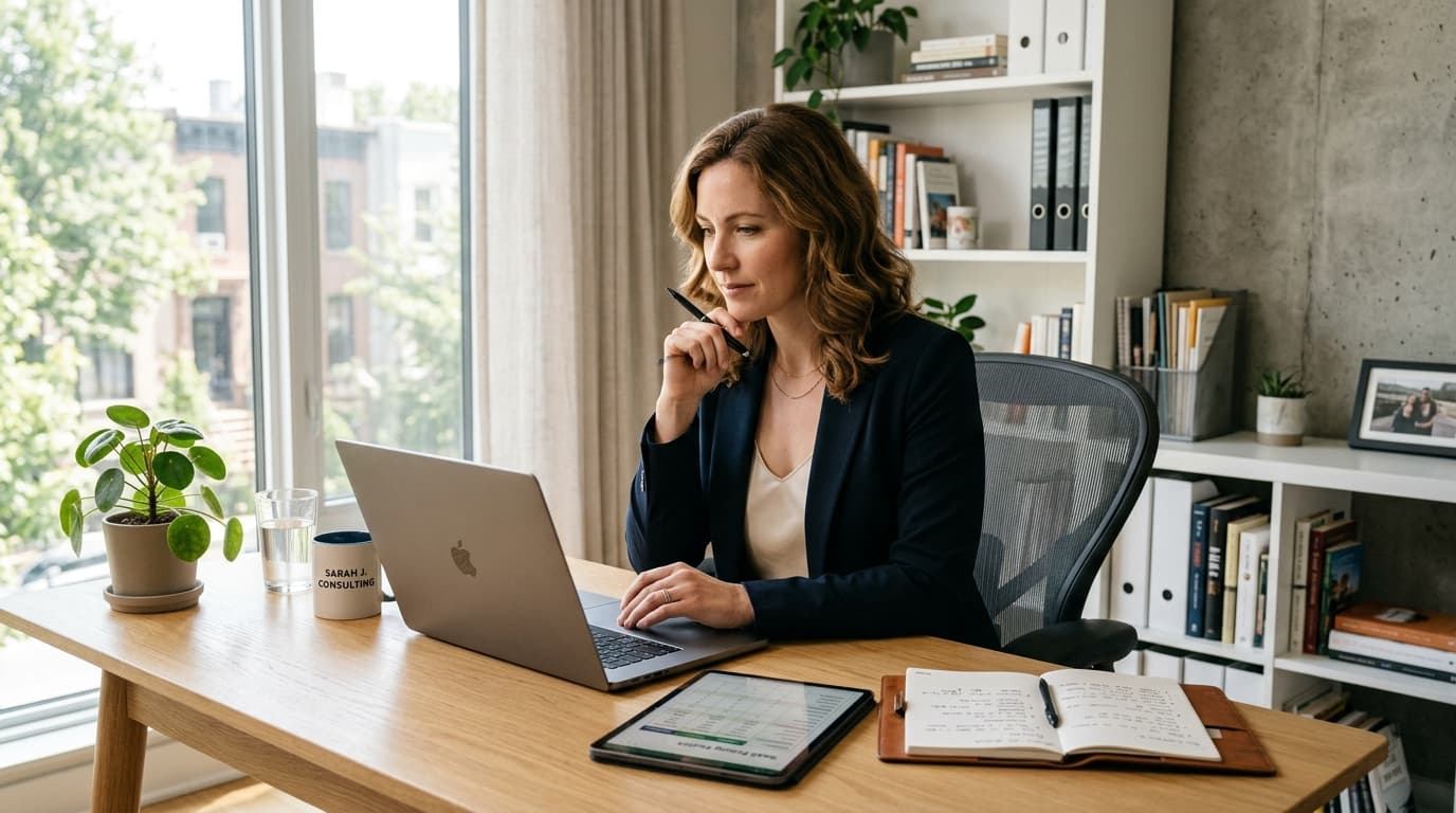 Small business owner evaluating software pricing and features on a laptop in a modern office