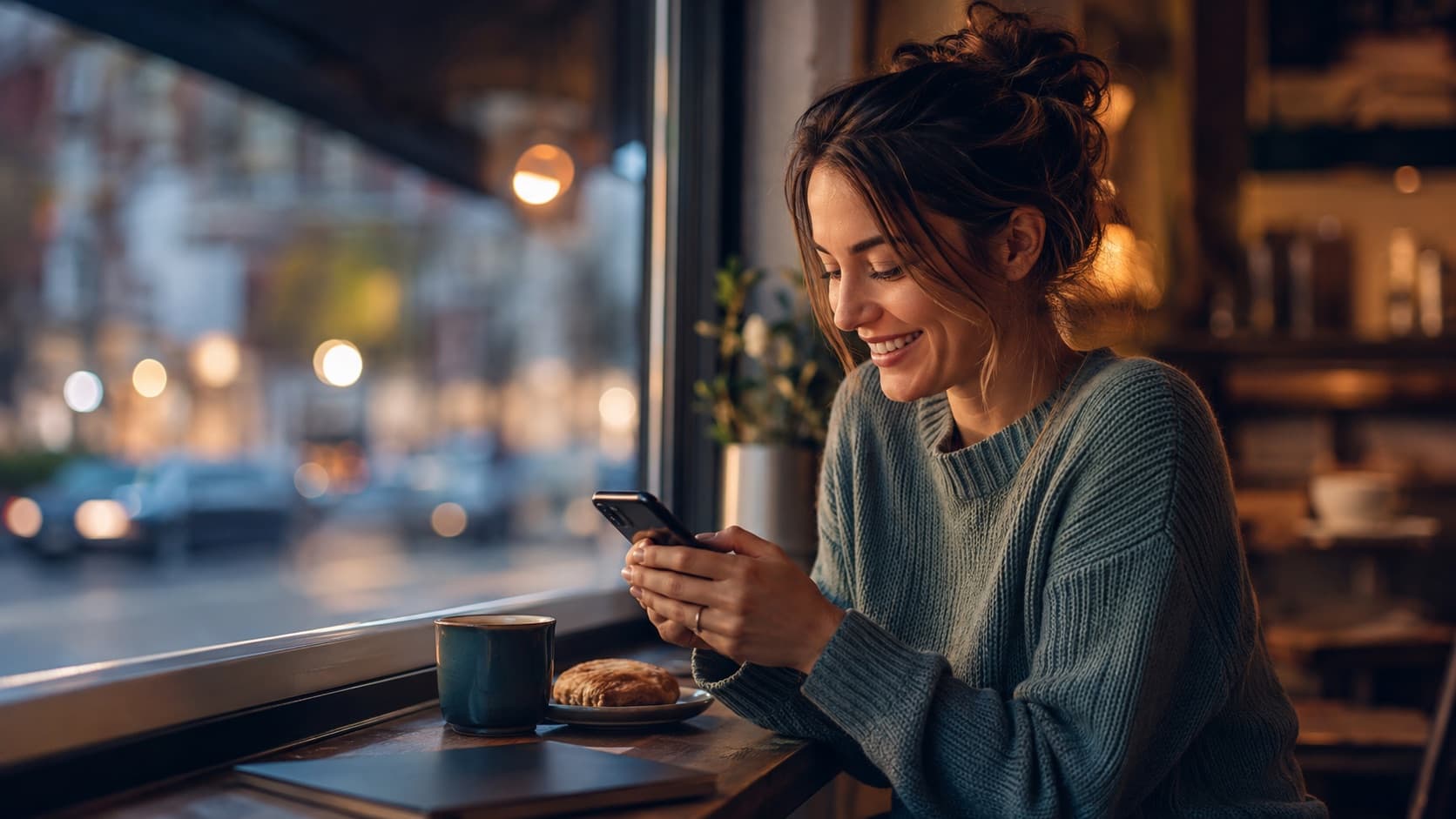 Local business owner writing a thankful response to a positive customer review on a smartphone