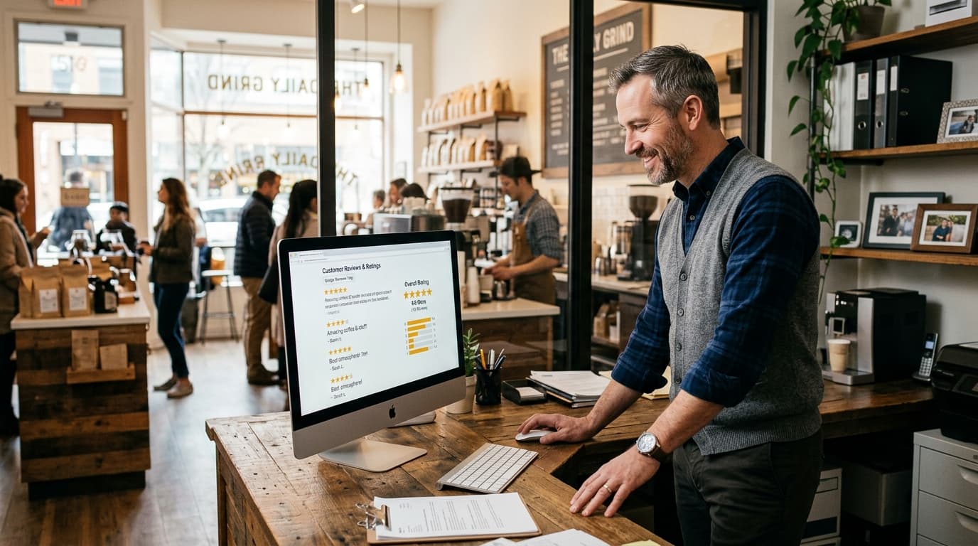 Store owner reviewing incoming customer feedback and star ratings on a desktop screen
