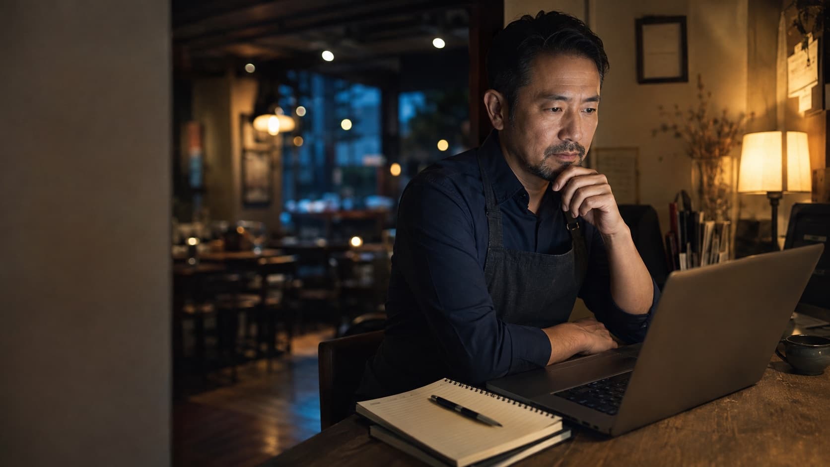 Restaurant owner thoughtfully drafting a calm response to a one-star review on a laptop