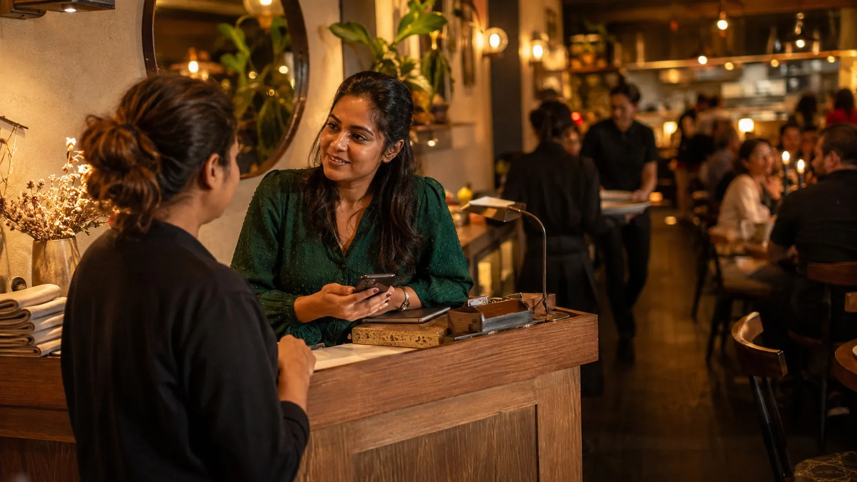 Restaurant owner managing customer feedback during a busy dinner service
