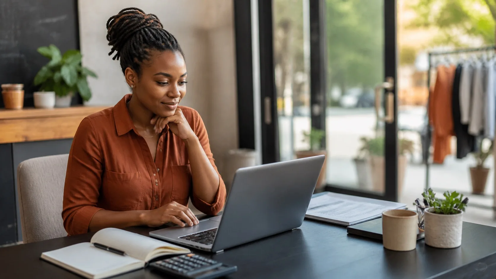 Small business owner comparing review management software costs at a worktable