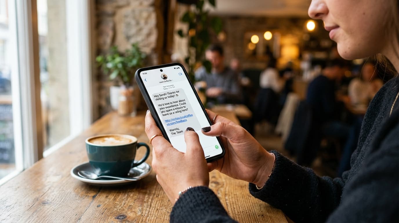 Customer holding a smartphone displaying an incoming SMS review request with star rating prompt