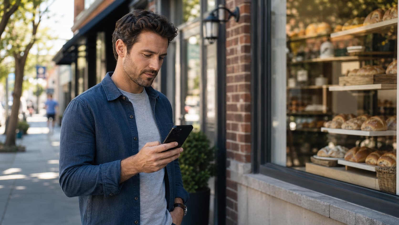 Customer reading local business reviews on a smartphone outside a neighborhood bakery