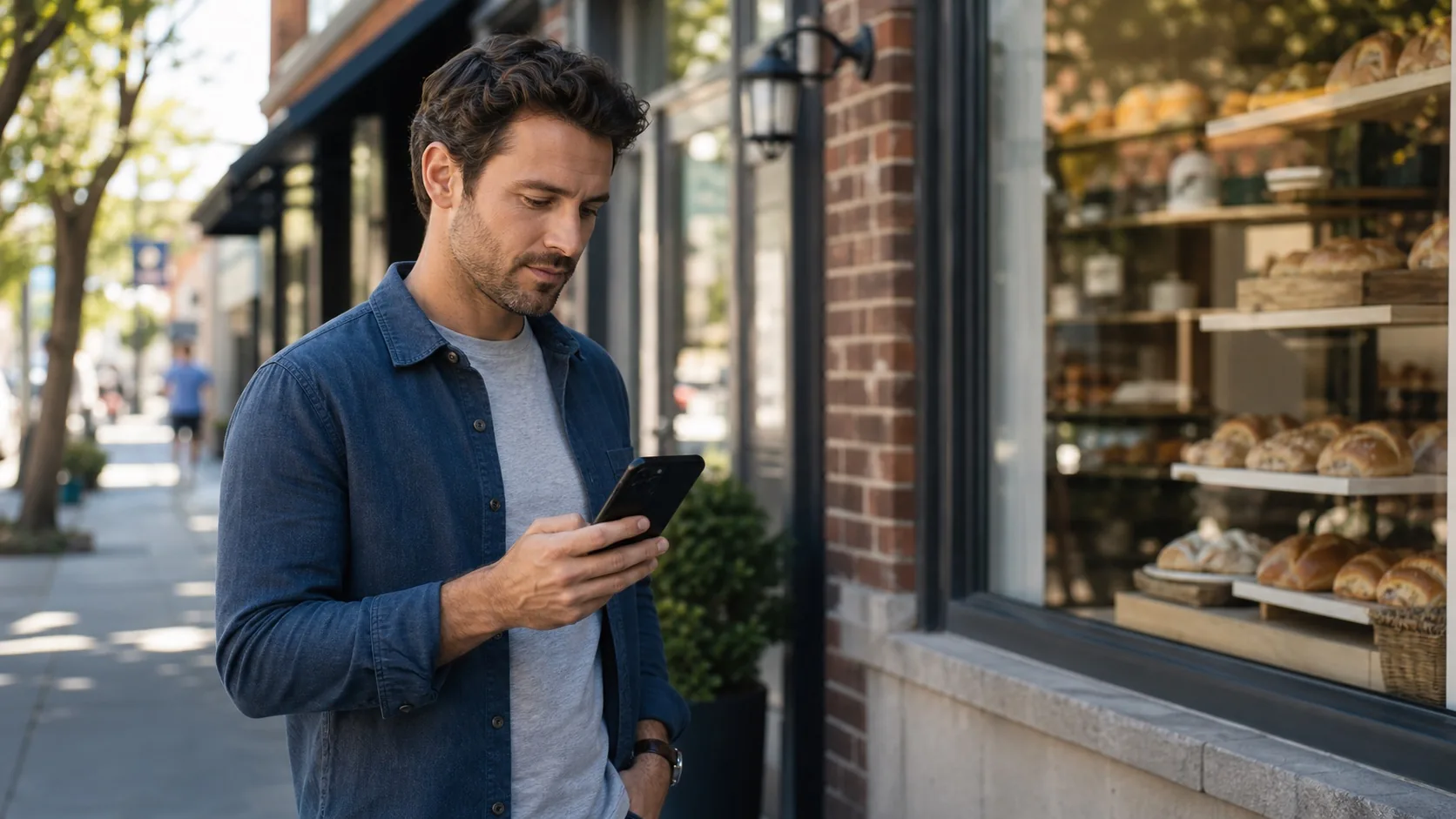 Customer reading local business reviews on a smartphone outside a neighborhood bakery