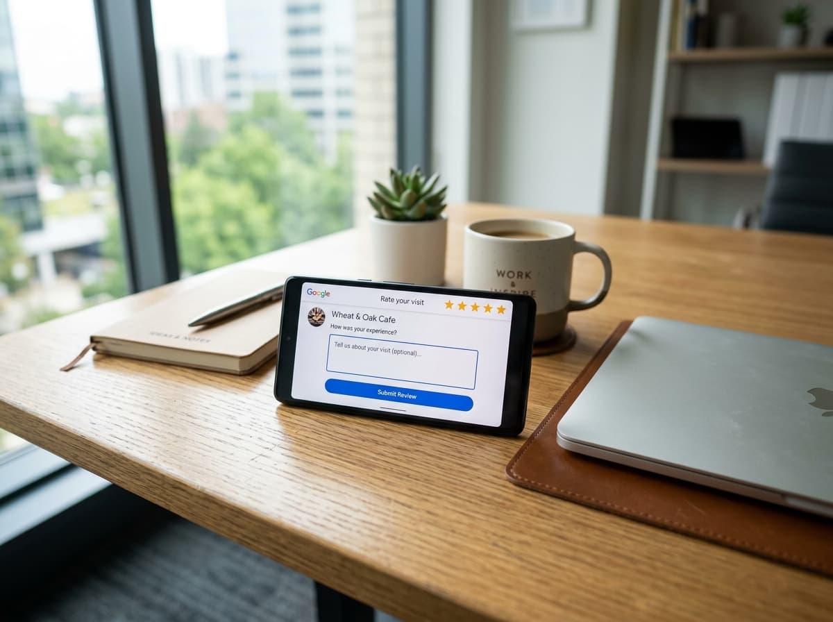 Smartphone displaying a direct Google review rating pop-up with five stars ready for customer feedback