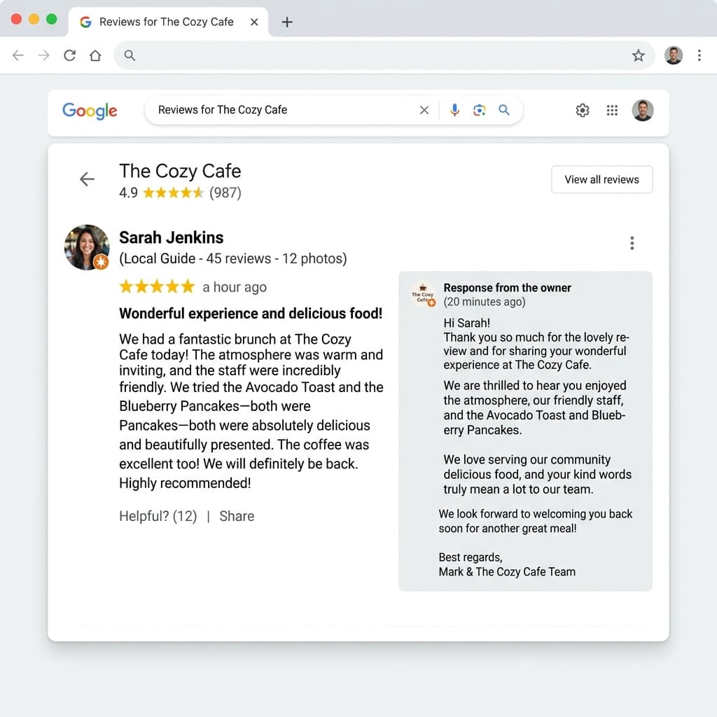Mockup of a professional owner response to a 5-star Google review