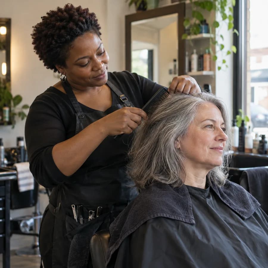 A hairstylist combing a smiling client’s gray hair in a bright salon