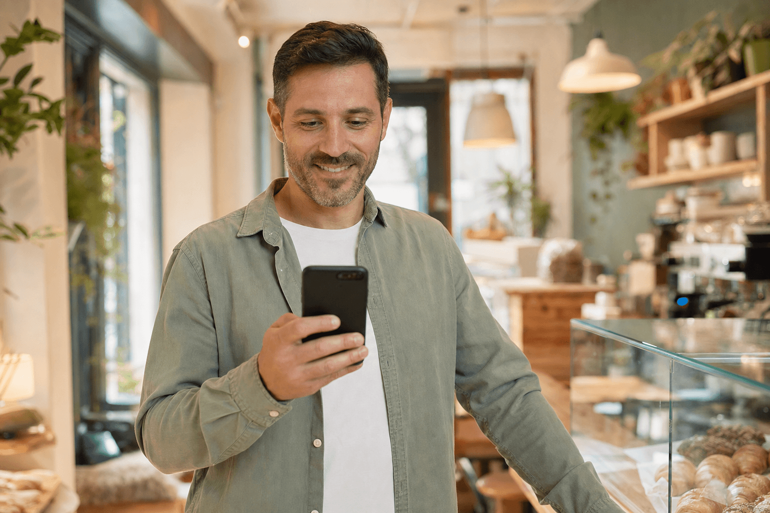 Local business owner checking review notifications on a phone