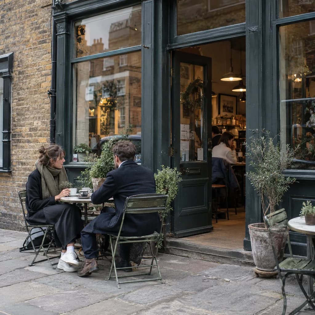 Customers at outdoor tables in front of a small local café